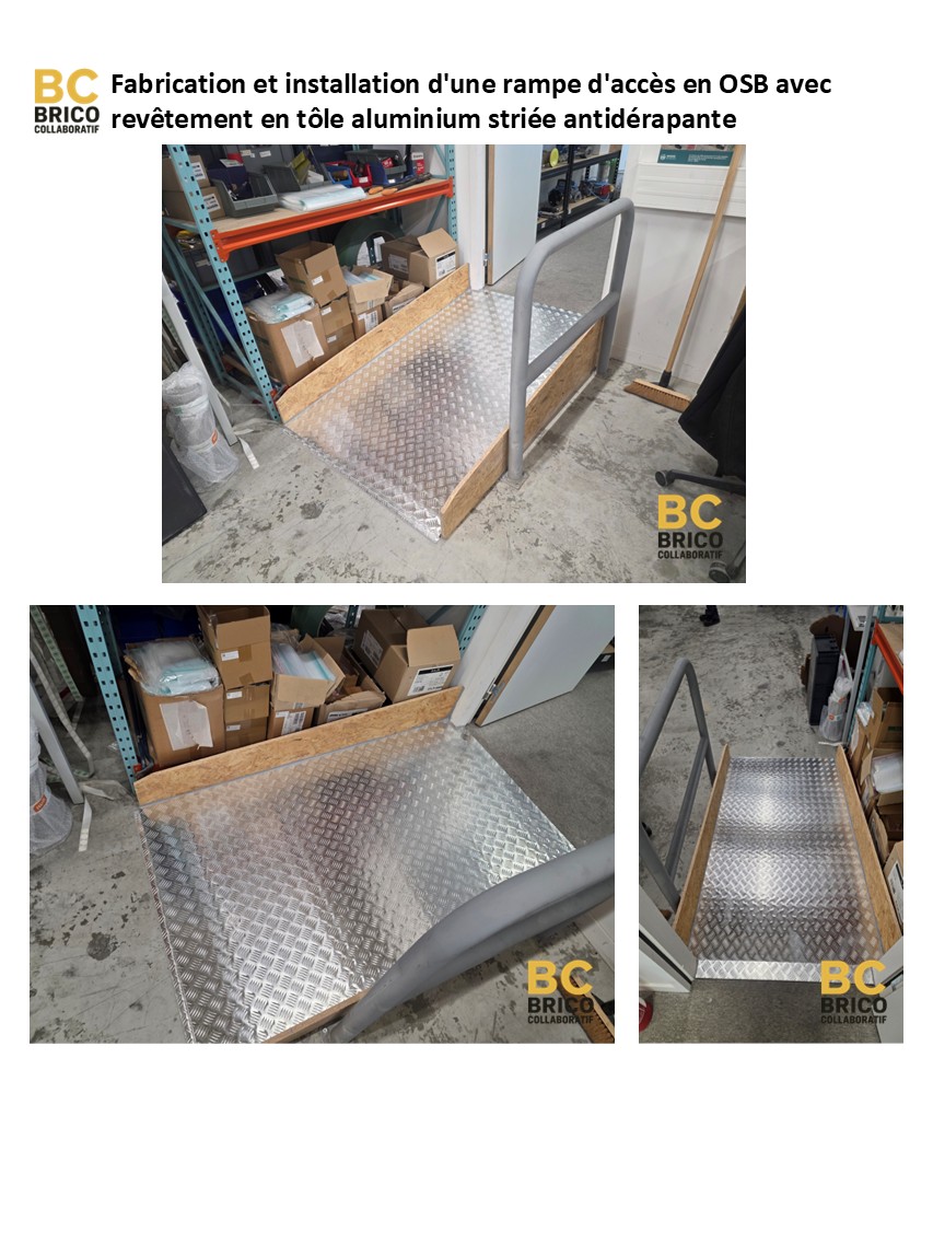 Fabrication et installation d'une rampe d'accès PMR en OSB avec revêtement en tôle aluminium striée antidérapante, WAGA énergie