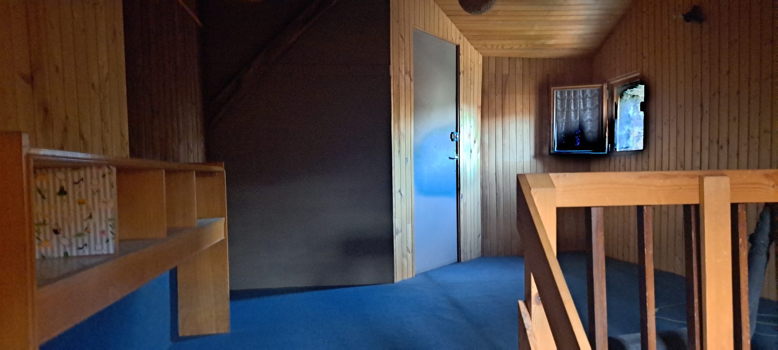 Combles aménagées avant rénovation à Eybens : lambris bois sombre, moquette bleue et garde-corps d'origine