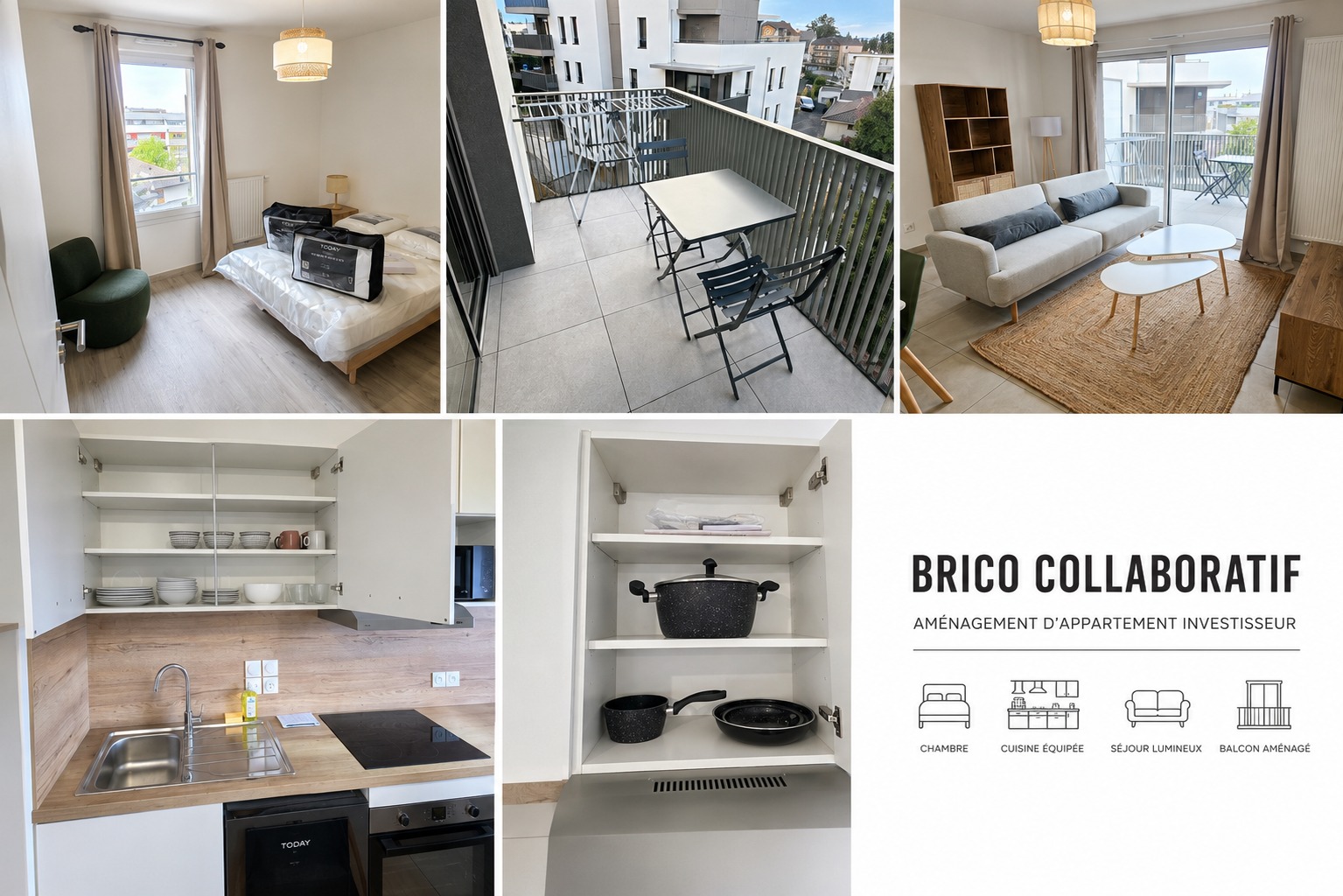 Kit Étudiant — chambre, balcon aménagé, salon et cuisine équipée, Brico Collaboratif